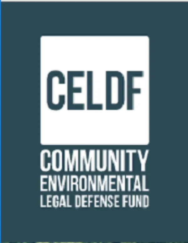 CELDF and words Community Environmental Legal Defense Fund in white letters on blue background