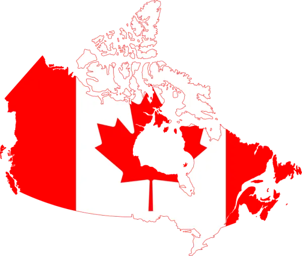 Map of Canada with red and white image of flag on the map