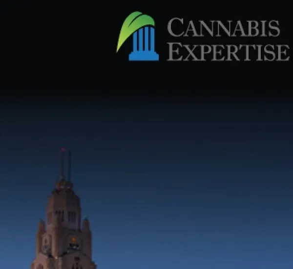 The words Cannabis Expertise in the top right corner and at the bottom is the leveque lincoln tower