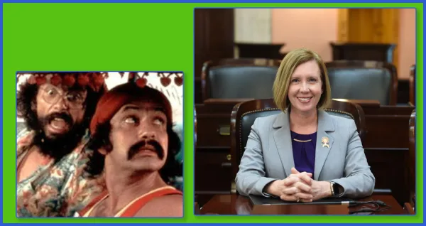 Young white woman smiling and Cheech and Chong