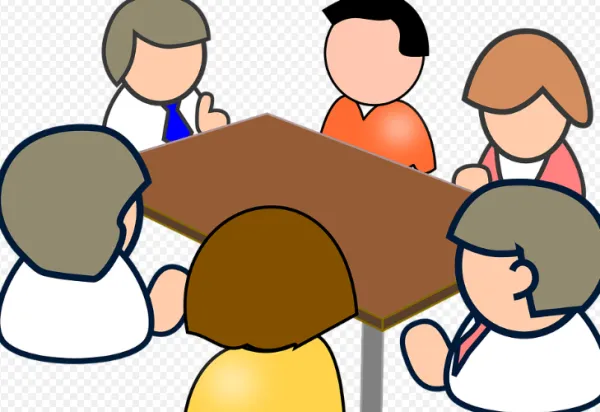 Cartoon people sitting around a table