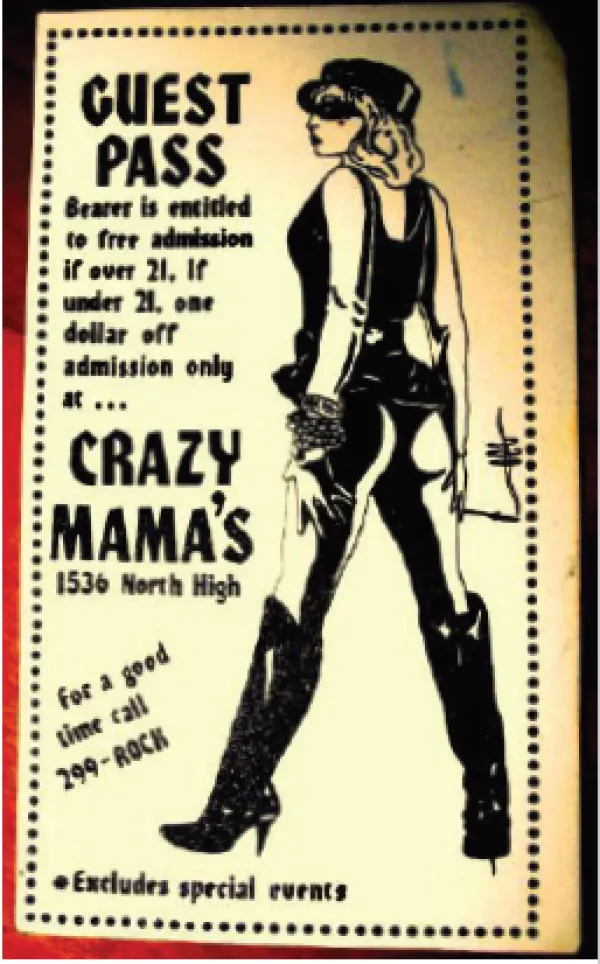 Guest pass from Crazy Mama's with a picture of a woman in leather