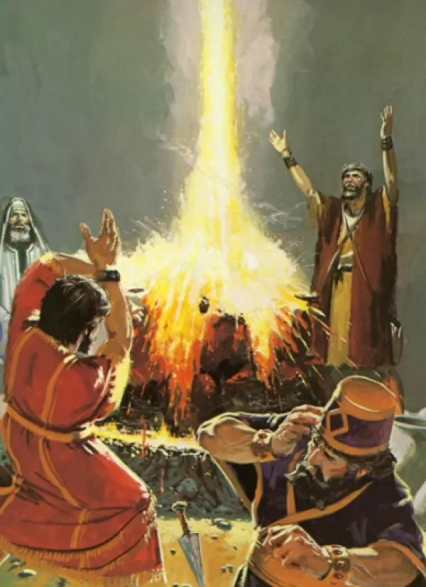 Biblical-looking men with their arms raised to heaven around a big gold flashy light