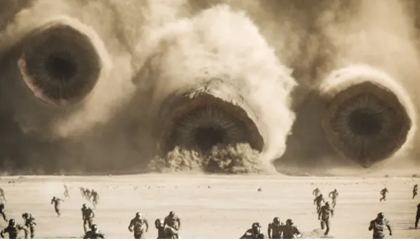 Clouds of dust kicked up at people from what looks like huge cannons