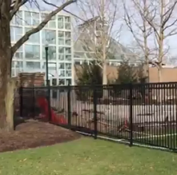 Iron gate with grass and trees on one side and big building with a lot of windows on the other side