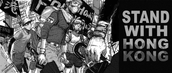 Cartoon of protestors with face masks marching