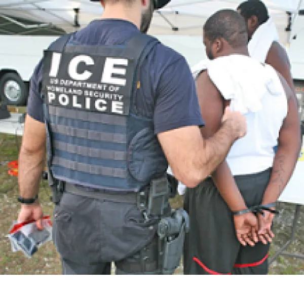 Back of man wearing an ICE police vest taking a dark-skinned man into custody with handcuffs on