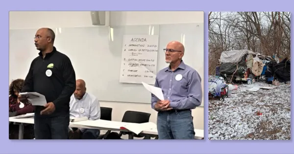 Jon Beard and Joe Motil and a homeless tent