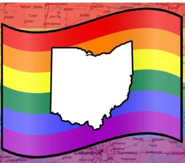 Outline of Ohio against rainbow flag