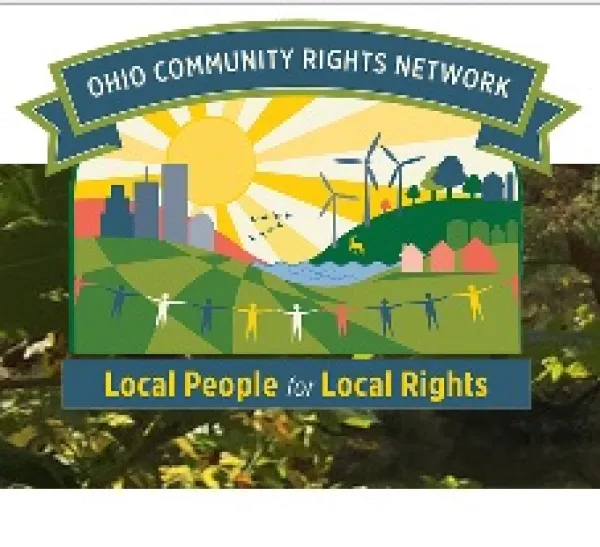 Colorful drawing of a landscape with a sun, windmills, people holding hands, some trees and the words Ohio Community Rights Network