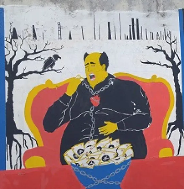 Painting of a large man in a black robe-like shirt sitting in a big red chair with gold edges against a white background with trees