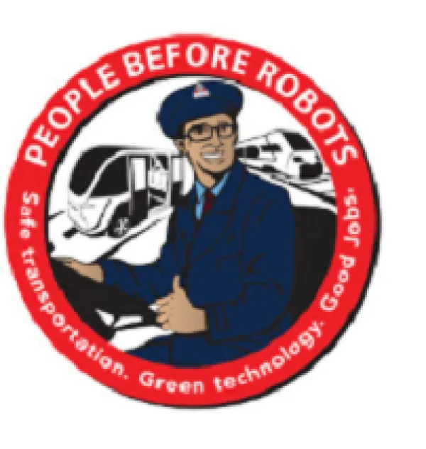 Bus driver in a circle with words People Before Robots