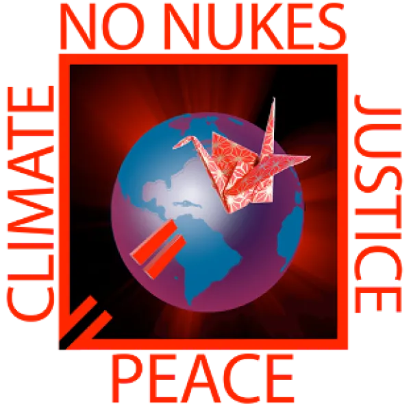 World logo saying No Nukes, Justice, Peace ad Climate