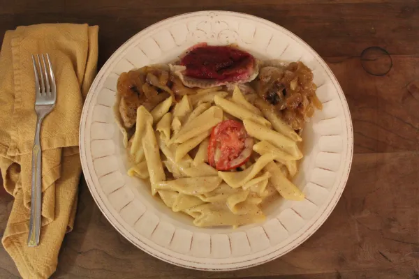 Plate of pierogis, mac and cheeze