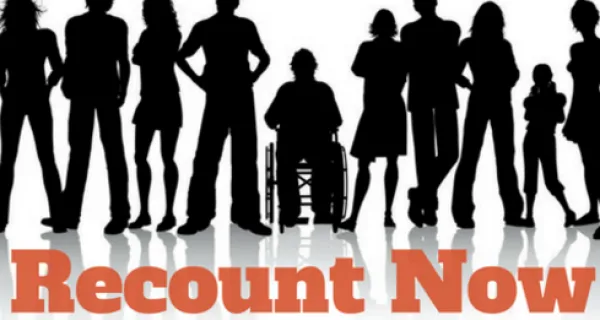 Recount Now words with black silhouettes of people