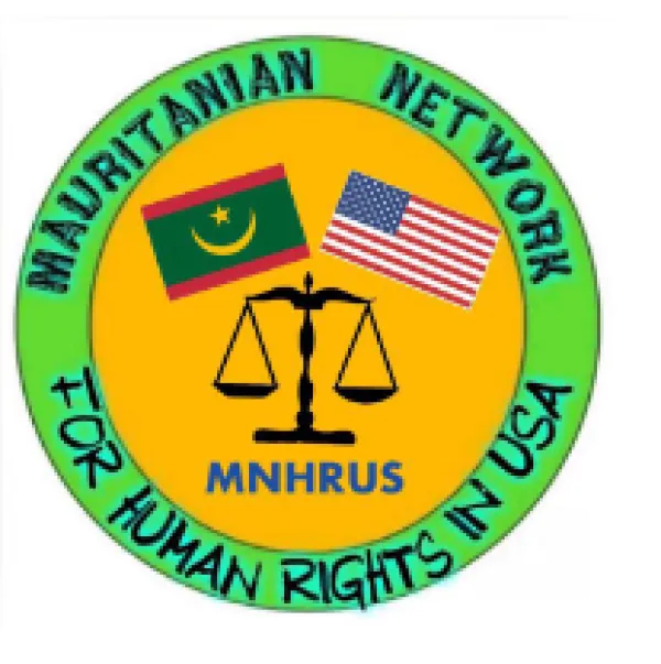 Circle logo yellow in middle green around edge words Mauritanian Network for human rights in USA and in themiddle a Mauritanian flag and US flag and scale 