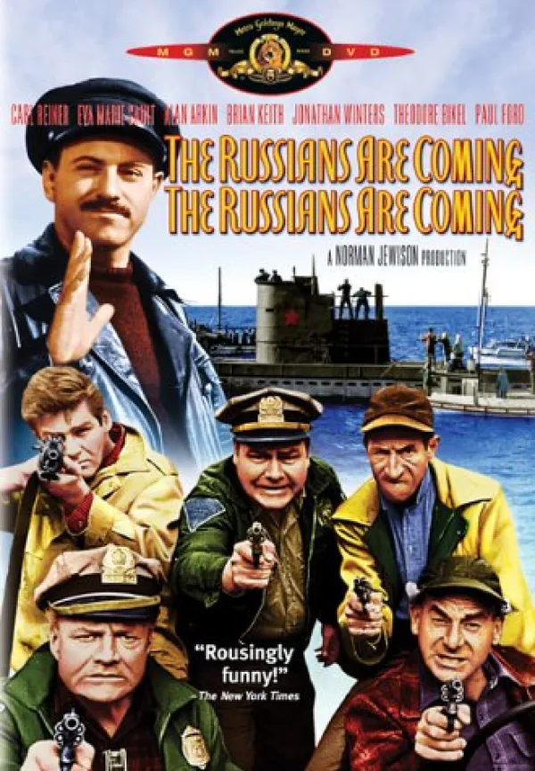 Movie poster of the Russians are coming with lots of guys coming off a ship like they are Russians menacing the US