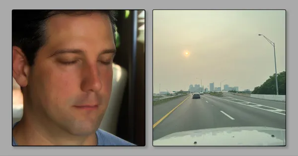 Man's face and hazy skyline