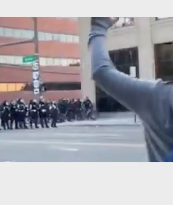 Police line and demonstrator with hands in air