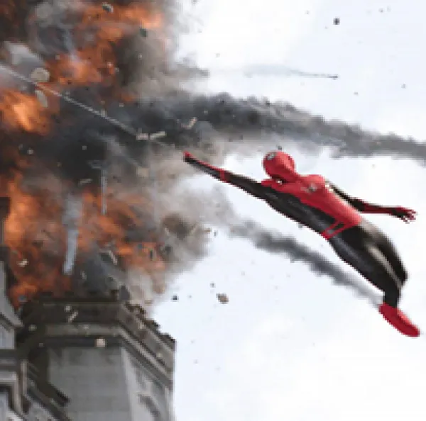 Spiderman in red and blue leotard hanging from a thread swinging out from a burning building