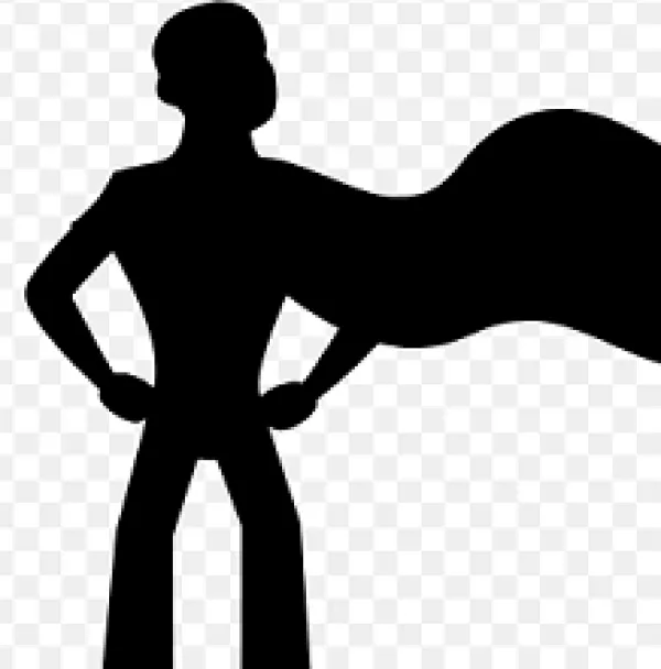 Black silhouette of a guy with hands on hips and a cape billowing out to the side