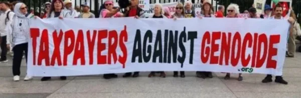 People holding Taxpayers Aganst Genocide banner
