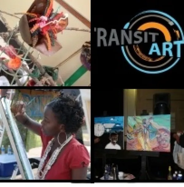 Four squares, top left looks like a sculpture, top right is the words Transit Arts, bottom right is a series of paintings on easels and bottom left a woman black girl painting at an easel