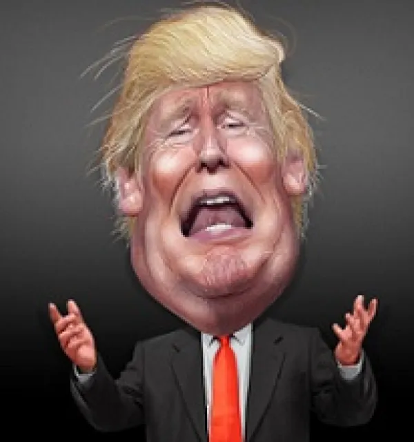 Cartoon of man in suit with tiny hands in the air and a big huge head with lots of wild yellow hair, his mouth open and looking upset