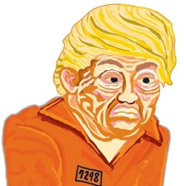 Cartoon of Trump with yellow hair and orange jumpsuit from prison