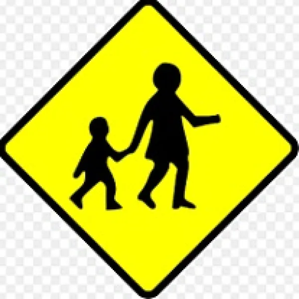  Yellow diamond with black silhouette of woman holding a kids hand walking