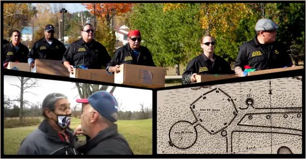 People with boxes, a map