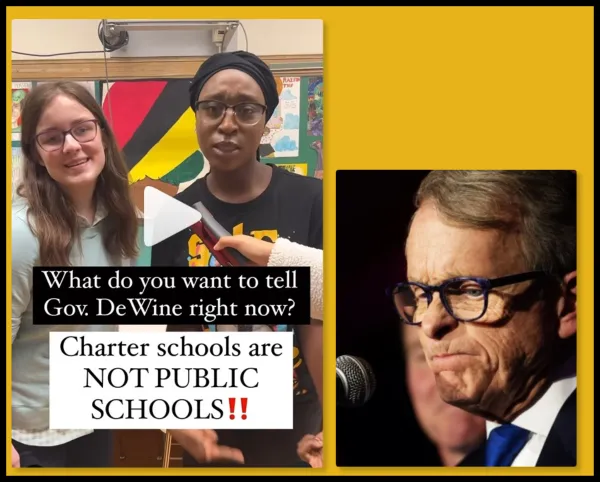 Kids with a sign about charter schools not public schools and Dewine