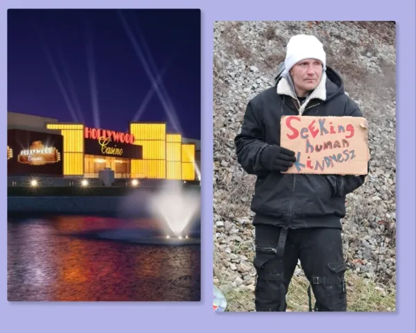 Casino and man panhandling outside