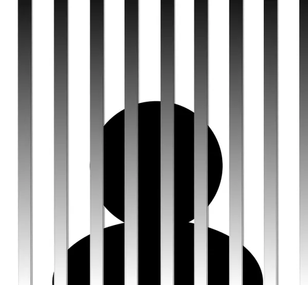 A black figure behind gray bars like a jail cell