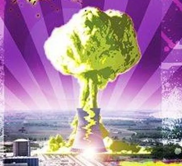 Purple background with nuke plant blowing up in a mushroom cloud