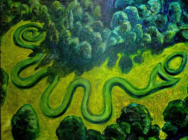 Bird's eye view of the serpent mound, a green snaky looking thing on the ground, surrounded by trees