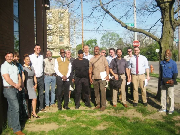 Newly-elected members of the Franklin County Democratic Party Central Committee assembled outside Ohio Democratic Headquarters on April 20.